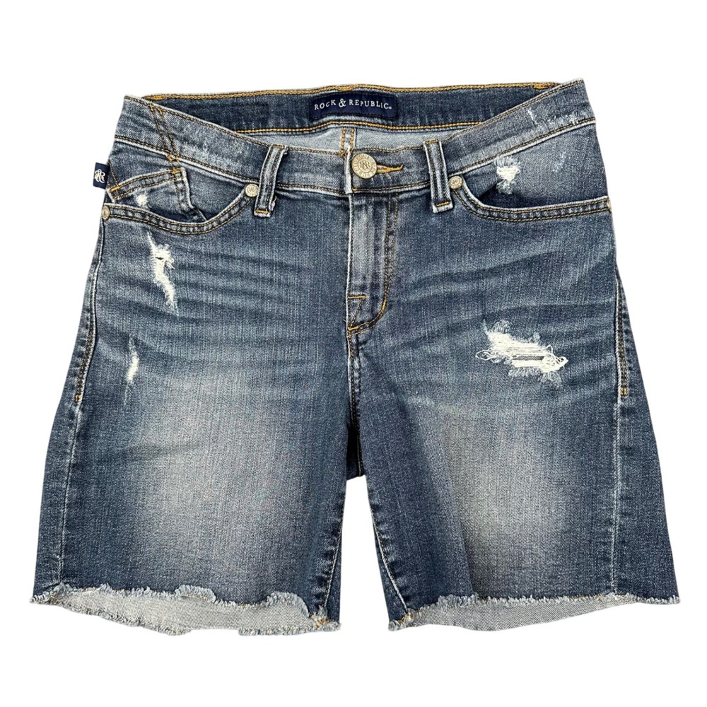 Rock & Republic Bumpershoot Distressed Raw Hem Denim Shorts Blue Womens Size 6